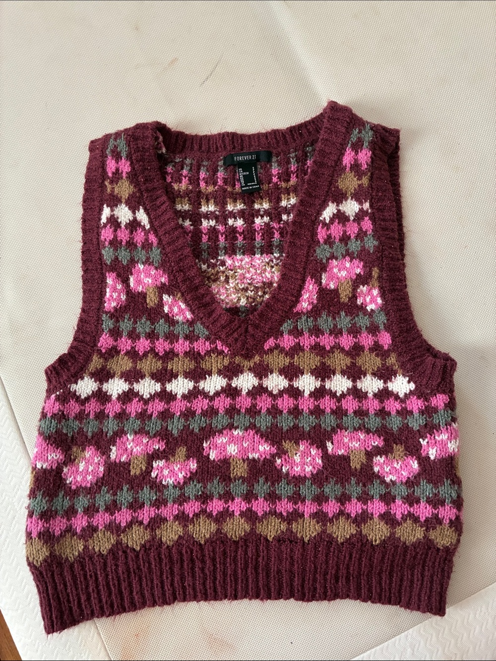 Forever 21 Burgundy V-Neck Fair Isle Knit Sweater Vest with Pink Accents